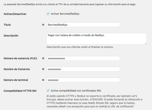 Redsys: Redsys settings screenshot.
