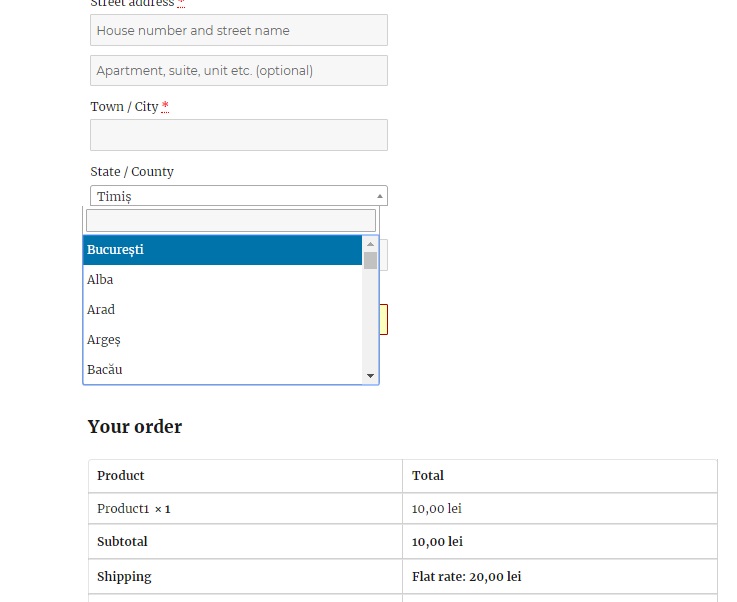 Romania counties on Woocommerce billing/shipping address checkout page.