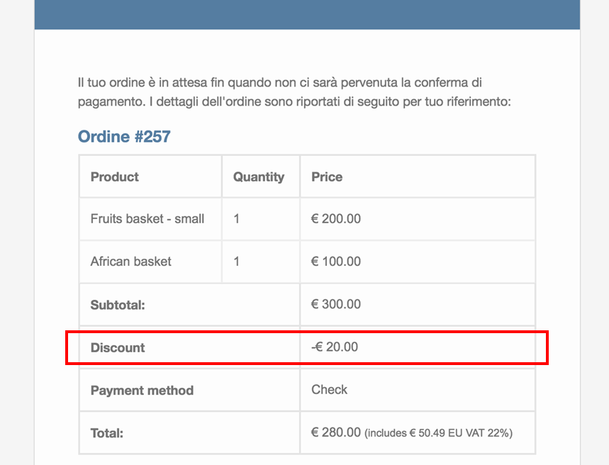 In all email notifications the discount is reported.