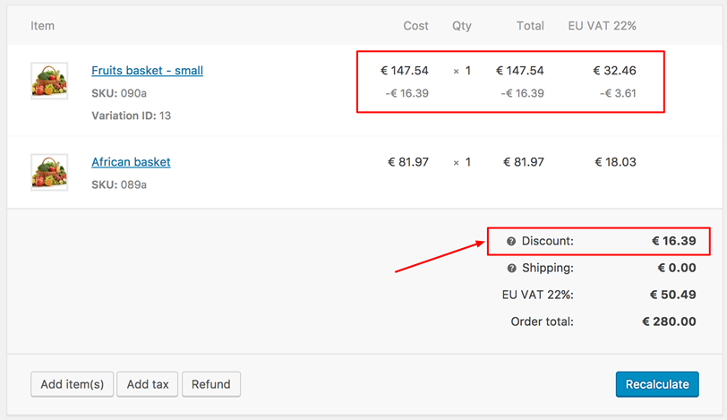 Here is the admin order detail, with regular and sale prices reported, discounts, calculated taxes, if any.