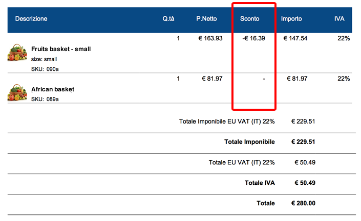 You can report the discounts in pdf invoices too. This example is made by WooCommerce PDF Invoices and Packing Slip free plugin and our special [Splitdiscount Invoice Template](https://ldav.it/shop/plugin/modello-di-fattura-italiana-con-sconto-applicato/).