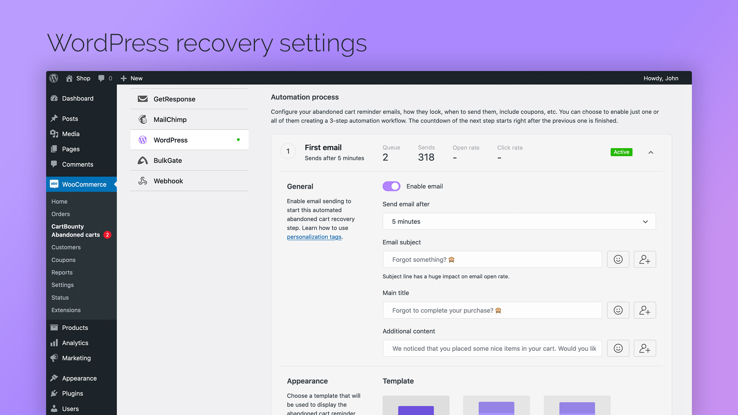WordPress recovery email settings
