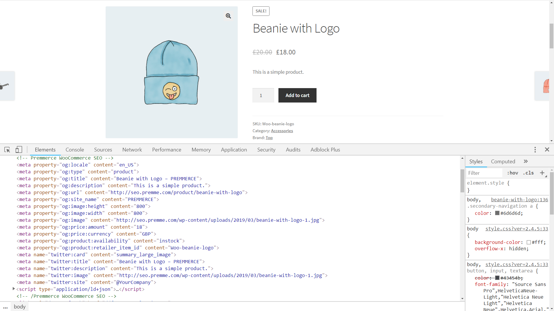 Product page with additional Open Graph data