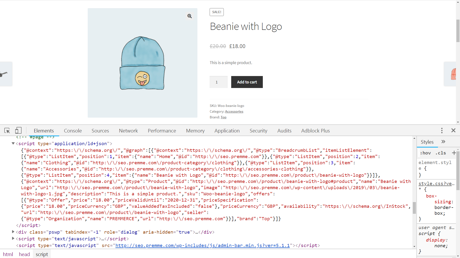 Product page with additional Schema.org data