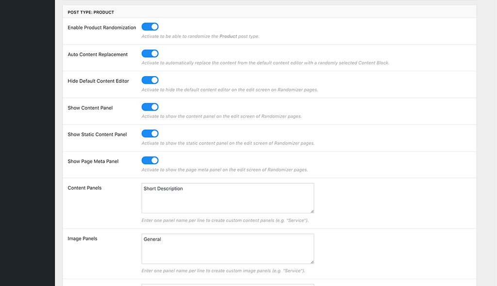 The product settings let you choose which panels you want to display on the edit screen