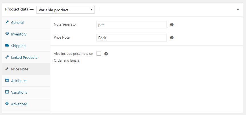 Price note admin panel for product with Woo Set Price Note - backend.