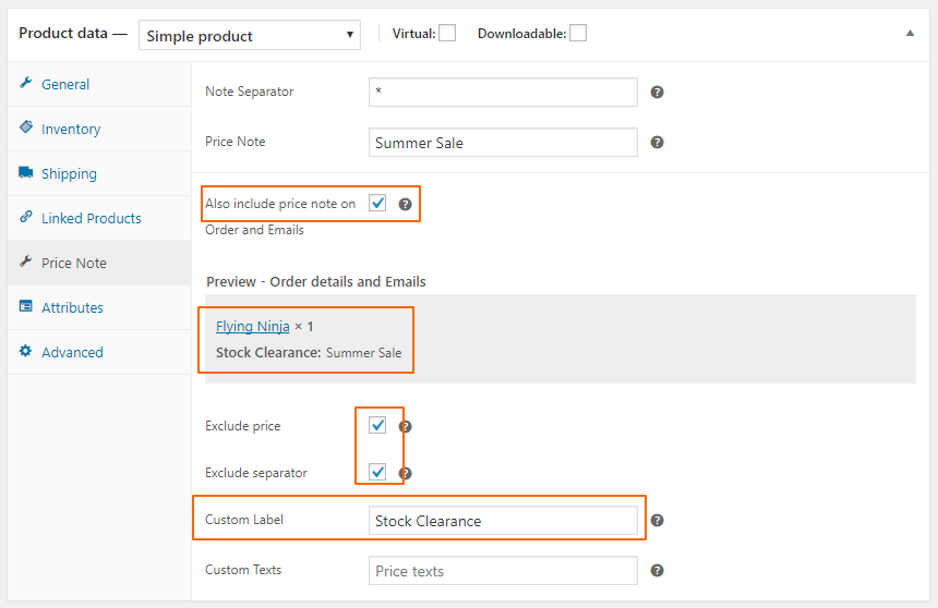 Price note admin panel for product (Include for Order details and Emails) with Woo Set Price Note - backend.
