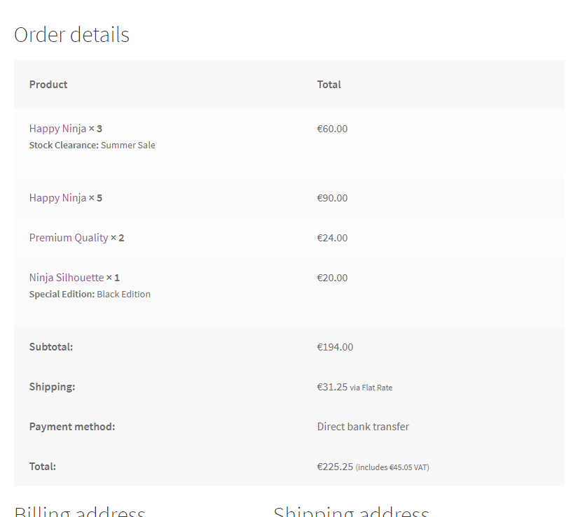 Thank you page order details with Woo Set Price Note - frontend.
