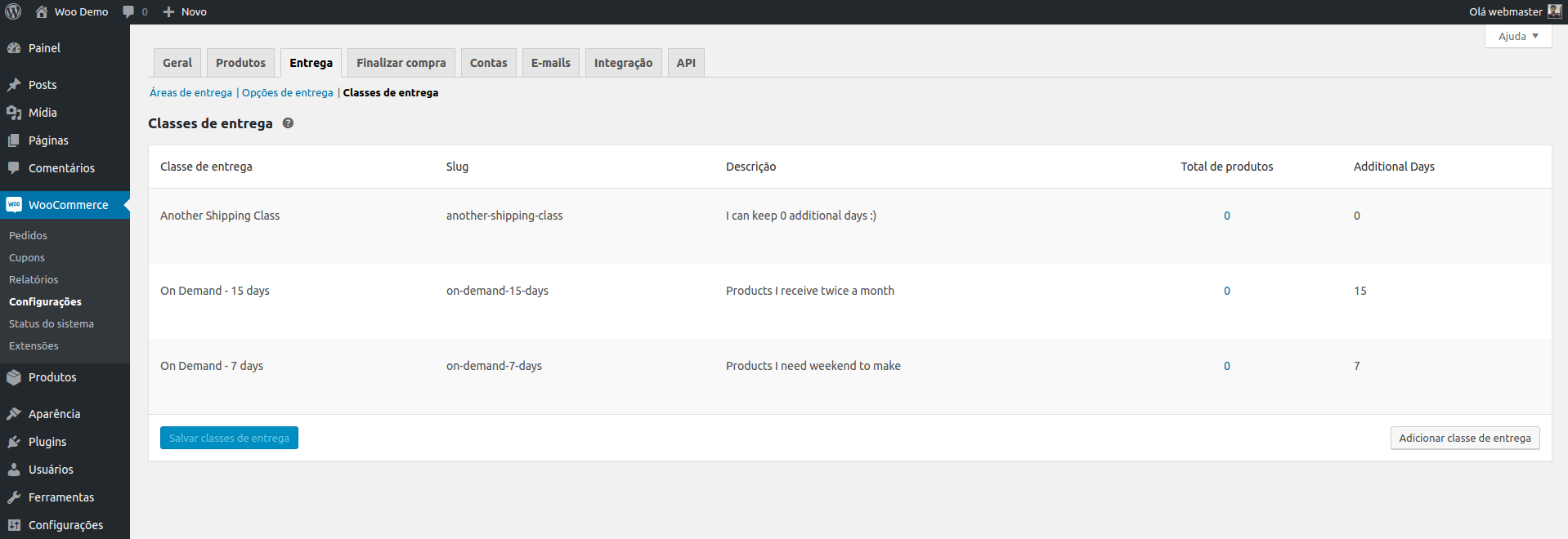 Shipping Classes configuration