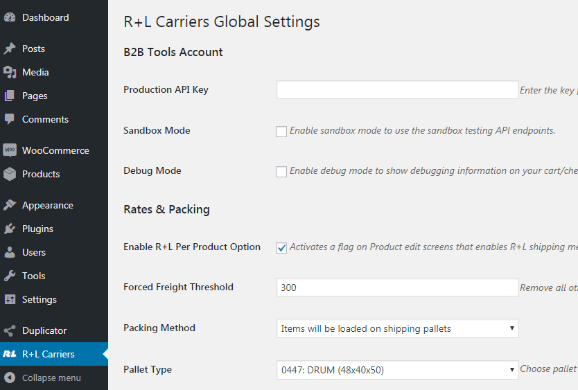 R+L Carriers Global Settings