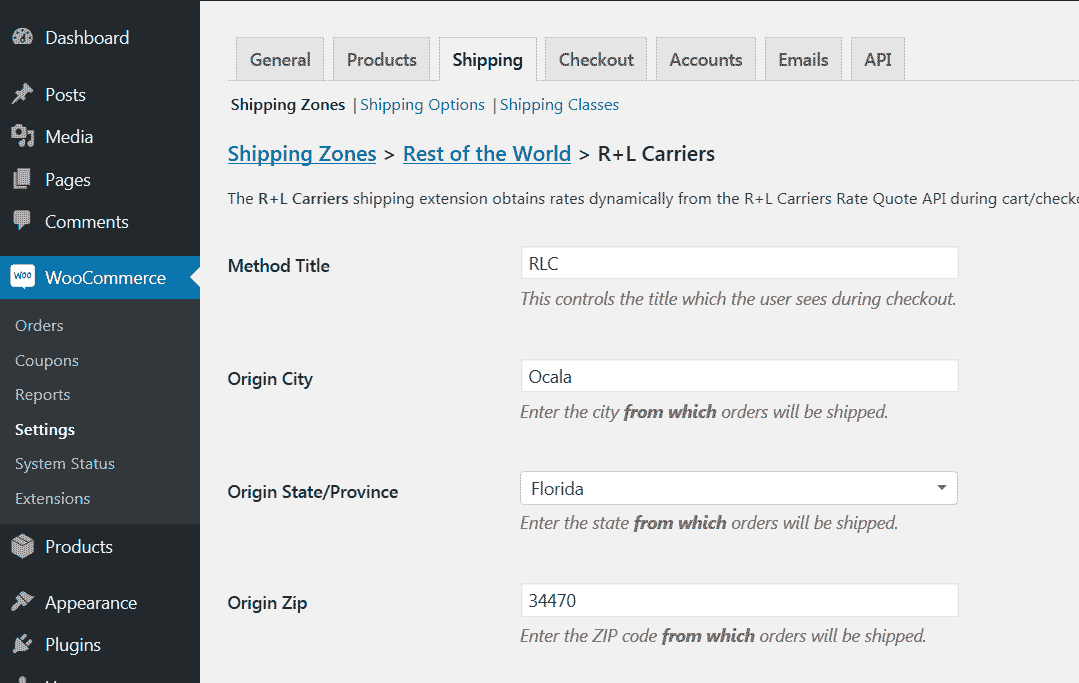 R+L Carriers Zone Instance Settings