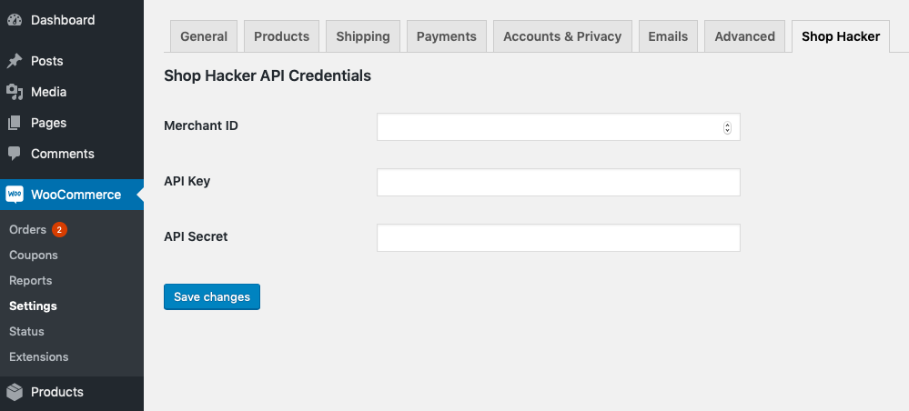 Settings for API credentials.