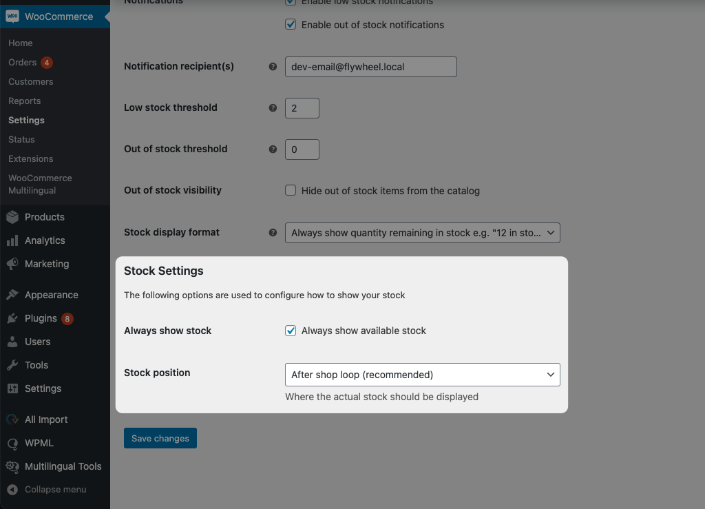 Stock settings