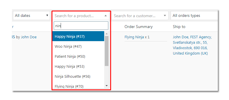 The new filter added to get orders that contain a certain product.