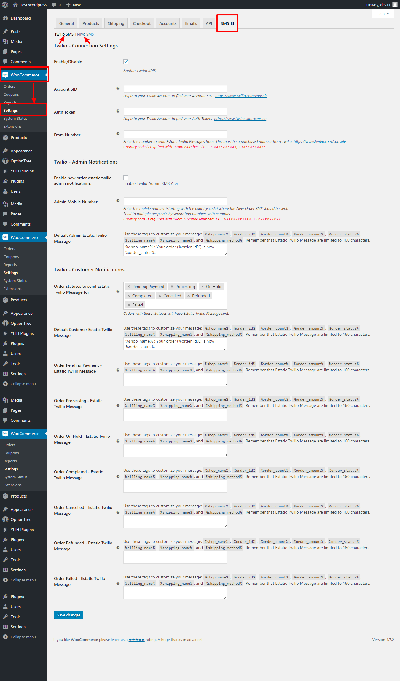 Twilio Settings Page.