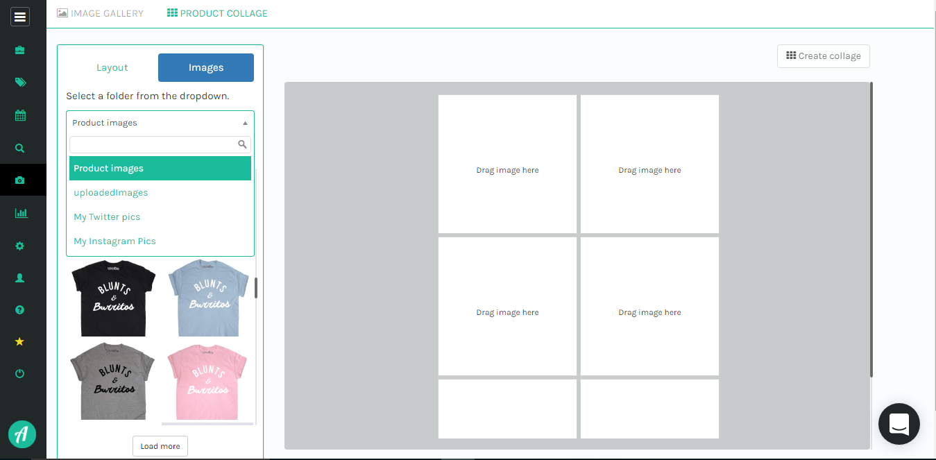 Create collages from your product/uploaded images and share.