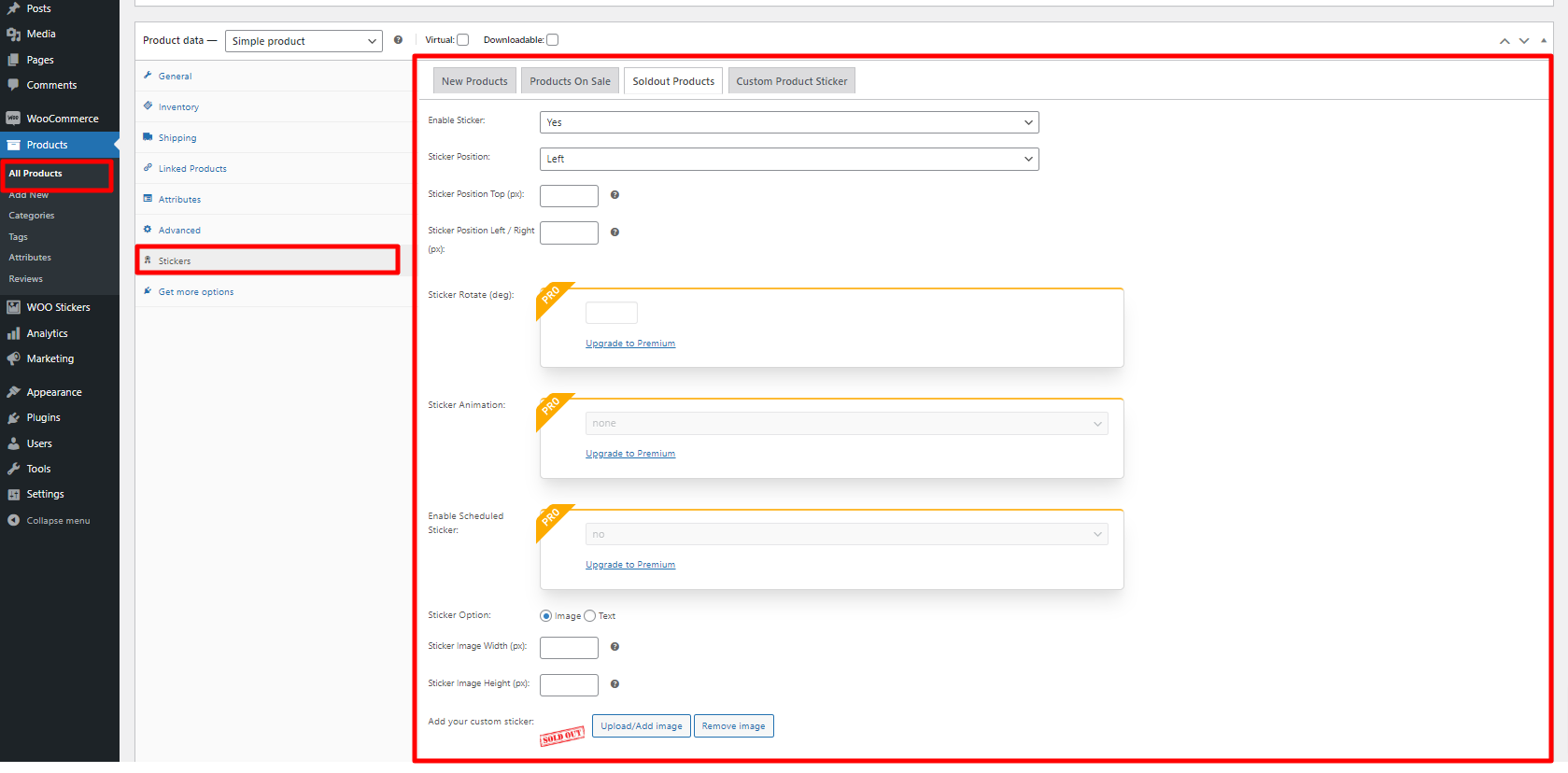 WOO Stickers menu in admin side under Settings.