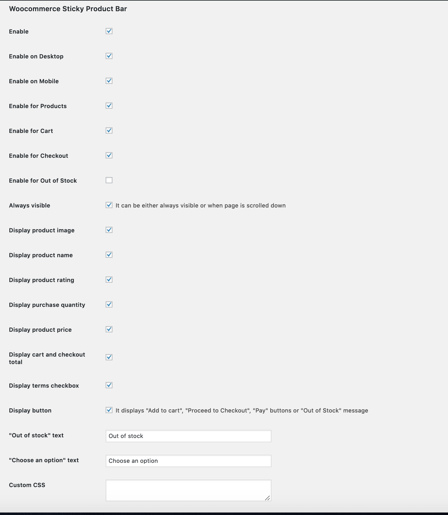 Admin UI which lets you change Woocommerce Sticky Product Bar settings