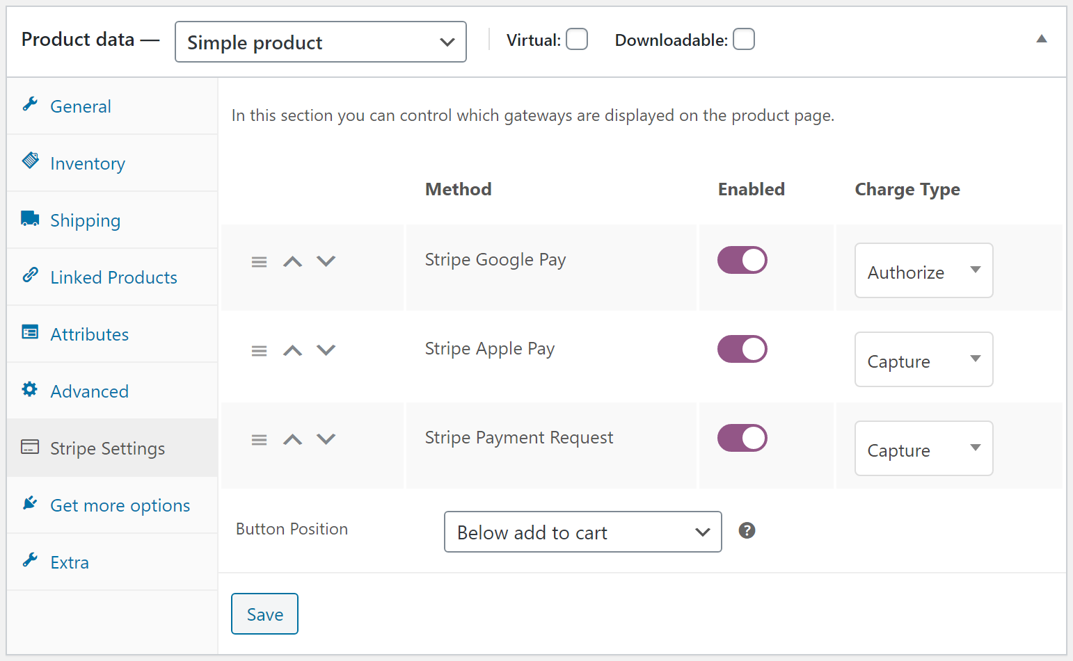 Edit payment gateways on the product page