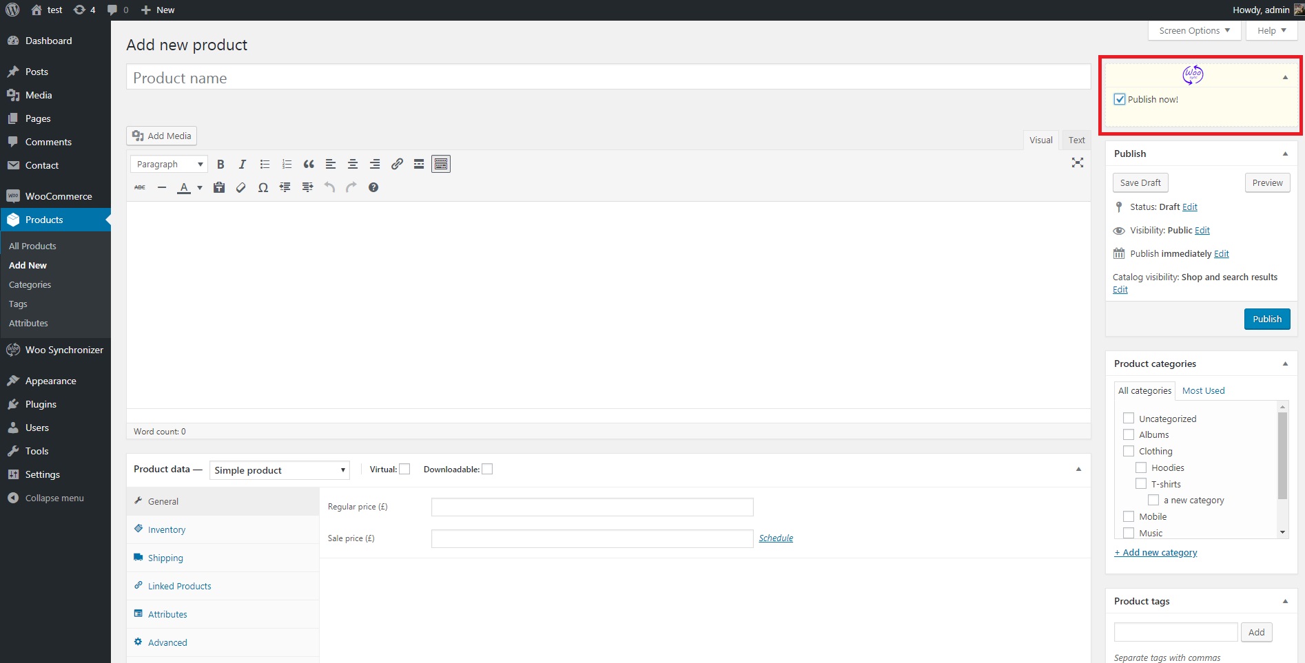 publish option in product edit page