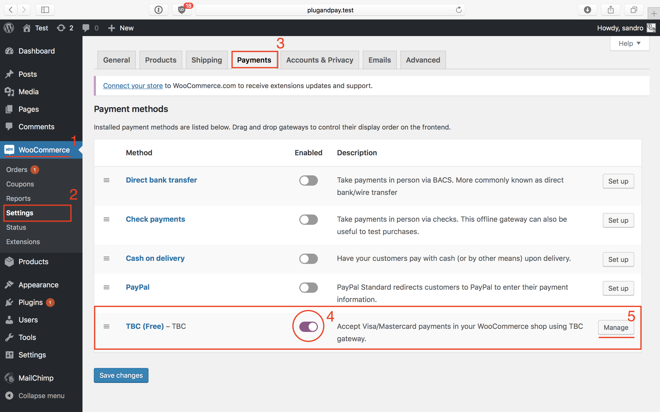 New gateway appears on the WooCommerce -> Settings -> Payments options page