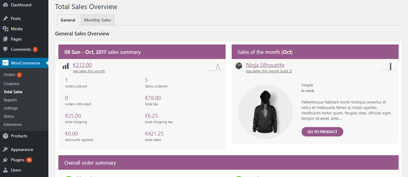 Extended WooCommerce sales status and best seller overview for current month.