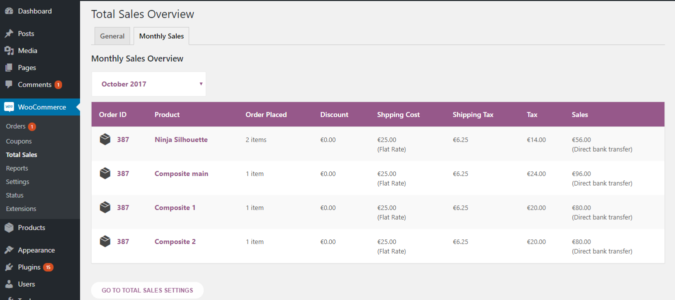Monthly sales overview with month filter functionality.