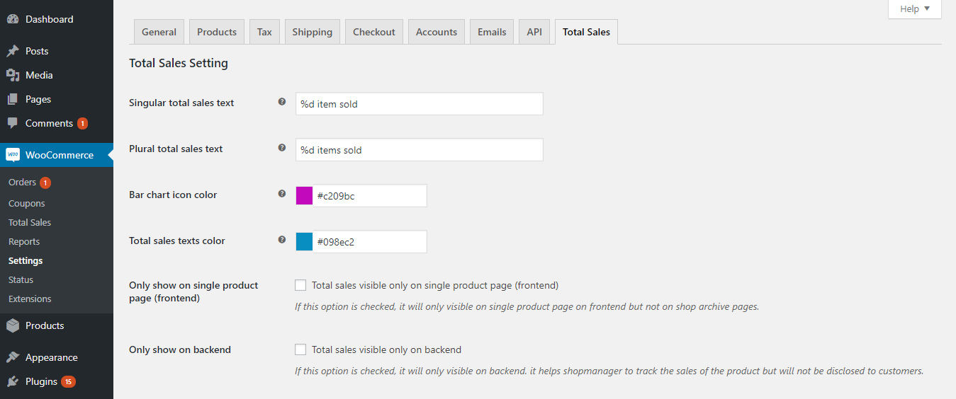 Total sales setting panel under WooCommerce setting.