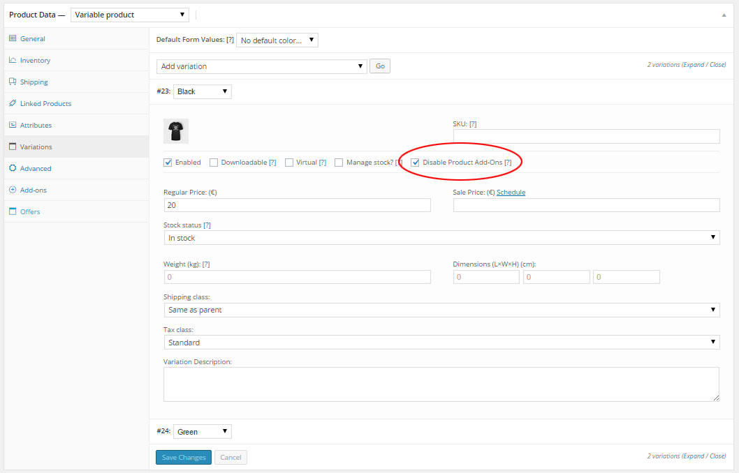 "Disable Product Add-Ons" checkbox within variable product options.