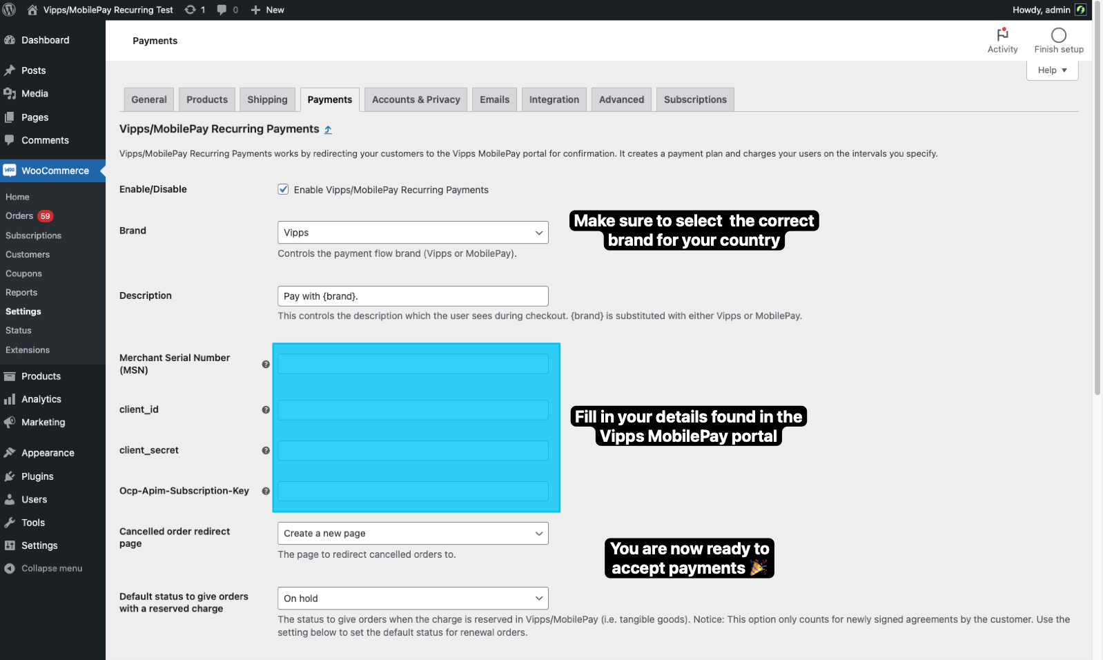 Configure the plugin settings for recurring payments.