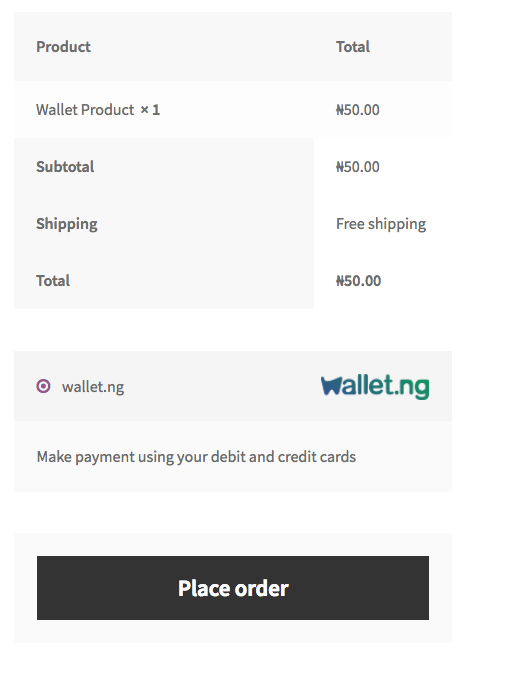 wallet.ng WooCommerce payment gateway on the checkout page