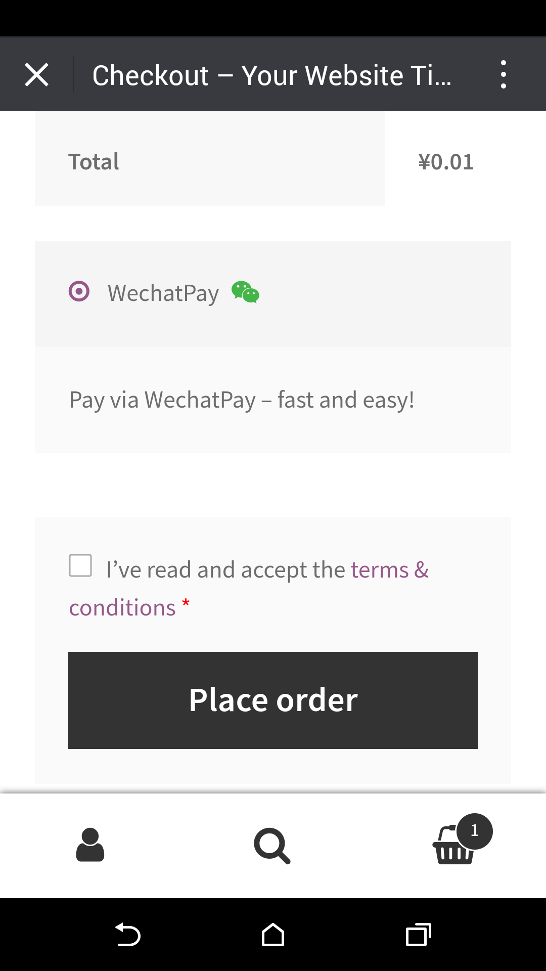 The WooCommerce checkout page with the WeChat Pay payment gateway in WeChat.