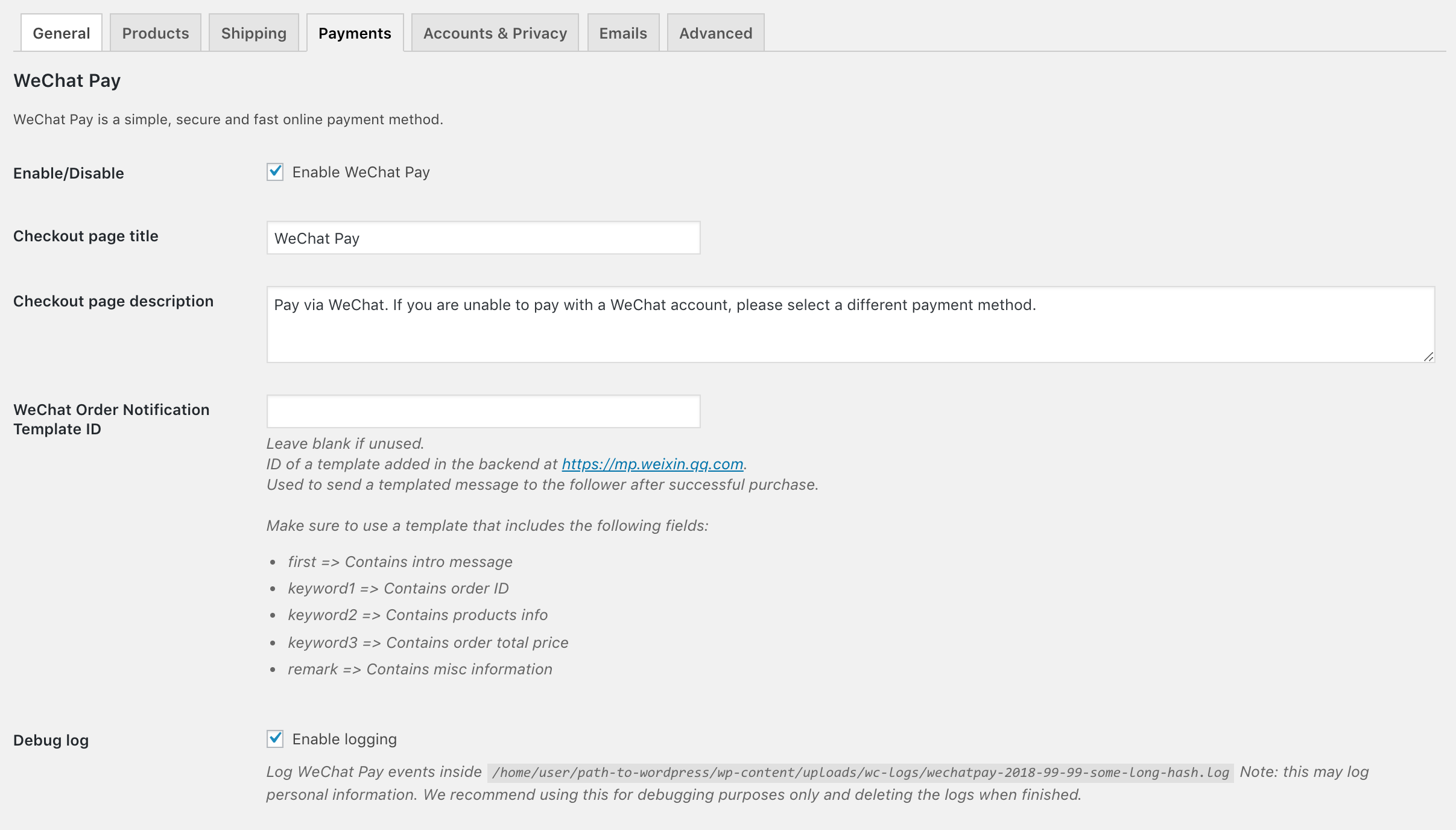 The WooCommerce WeChat Pay payment gateway settings page.