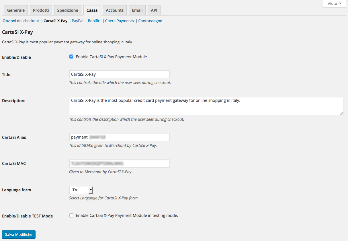 CartaSi X-Pay setting page