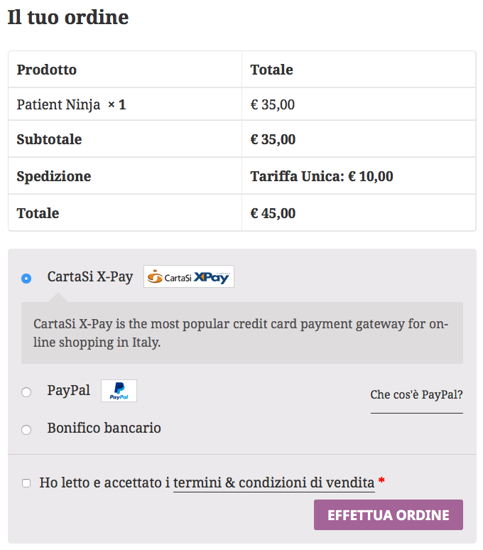 CartaSi X-Pay Payment gateway option at the checkout page