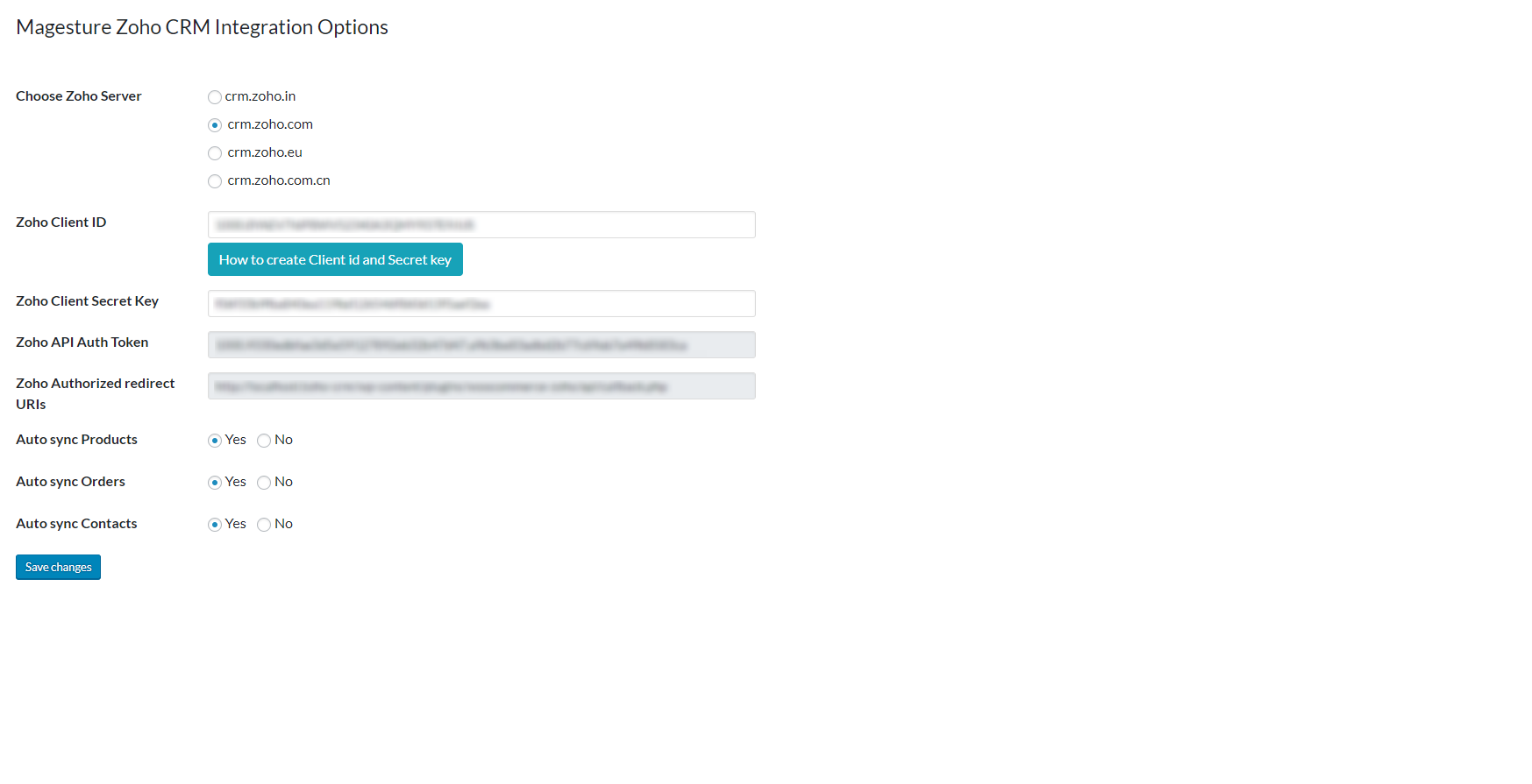 WooCommerce Zoho CRM Integration Setting panel.