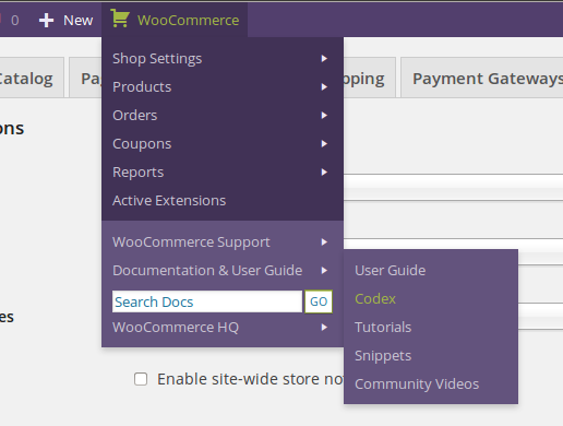 WooCommerce Toolbar / Admin Bar Addition in action - support & resources links. ([Click here for larger version of screenshot](https://www.dropbox.com/s/bz7ili5a0xyday1/screenshot-3.png))