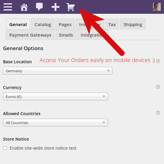 WooCommerce Toolbar / Admin Bar Addition in action - mobile support: view your orders on the go :). ([Click here for larger version of screenshot](https://www.dropbox.com/s/layrznf1no1ynok/screenshot-6.png))