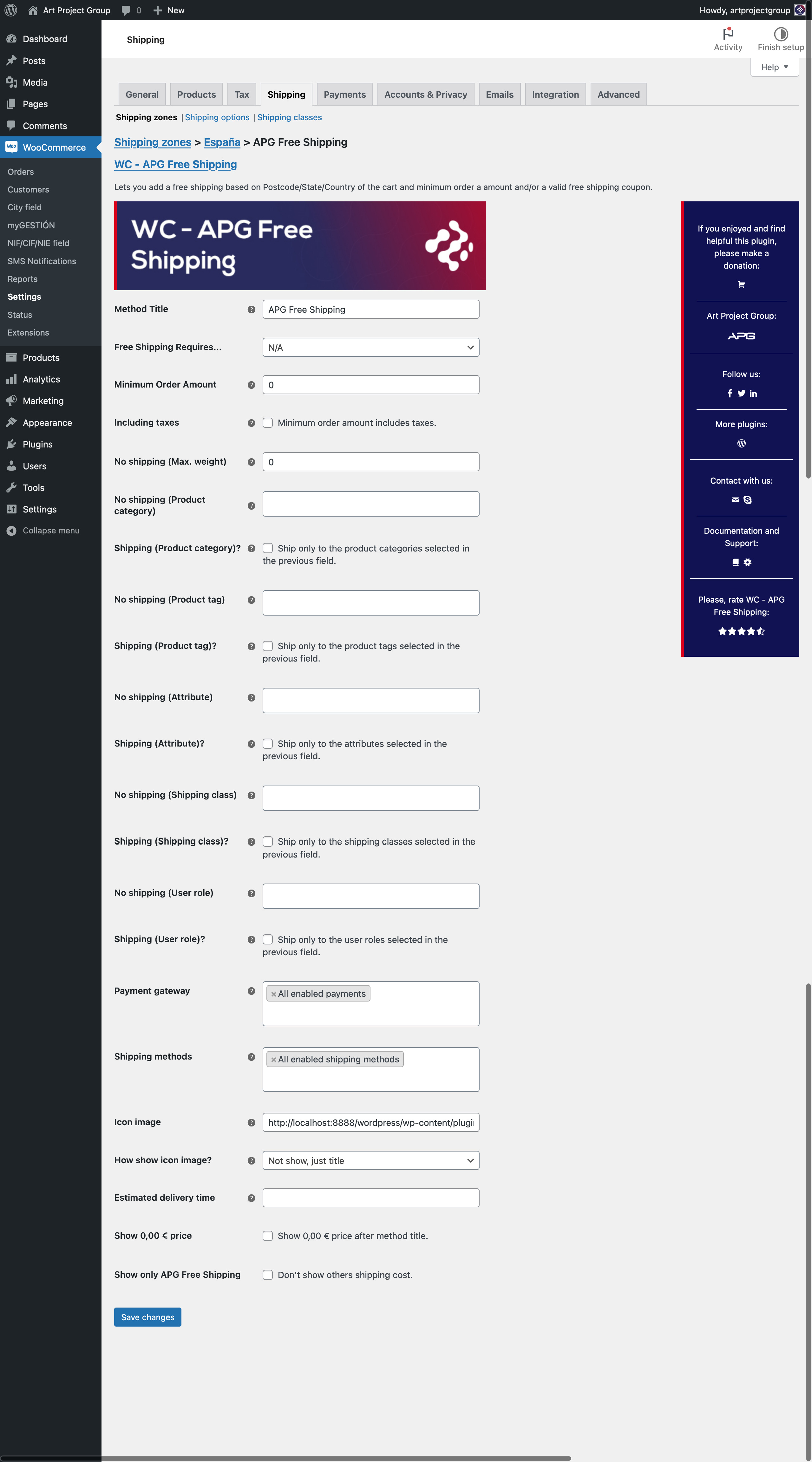 Screenshot of WC - APG Free Shipping. APG Free Shipping Tab.