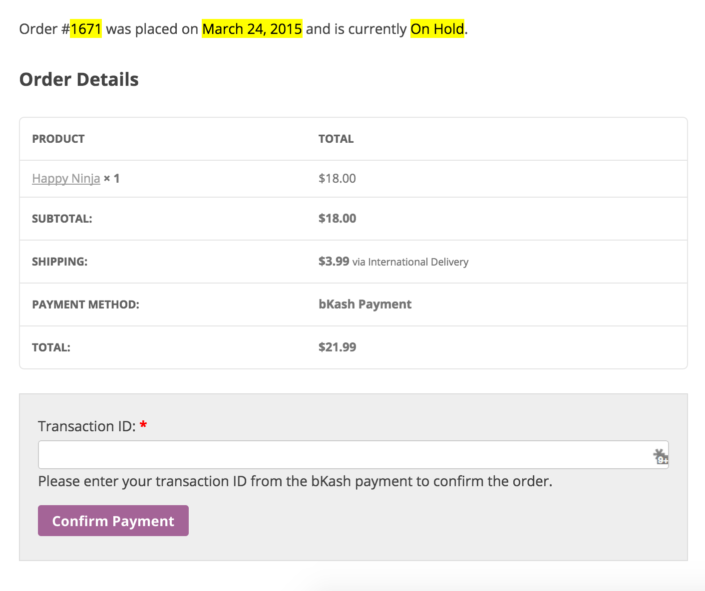 Order details page (pending order)