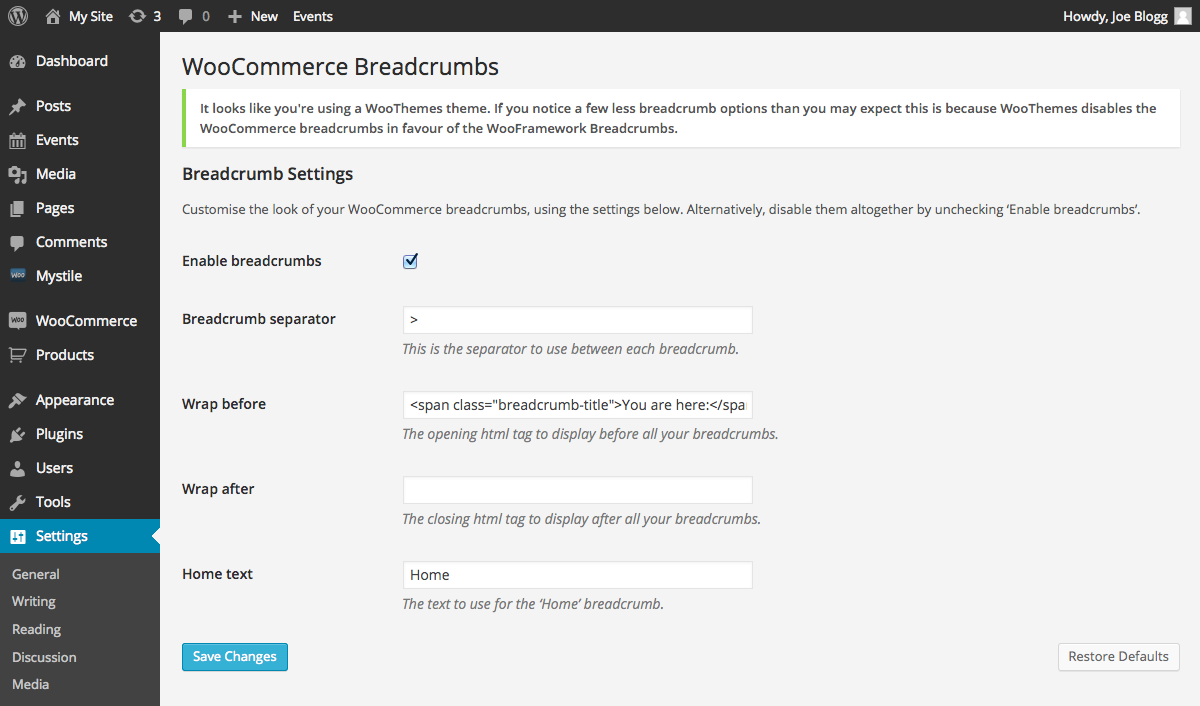 WooCommerce Breadcrumb settings for WooTheme Themes