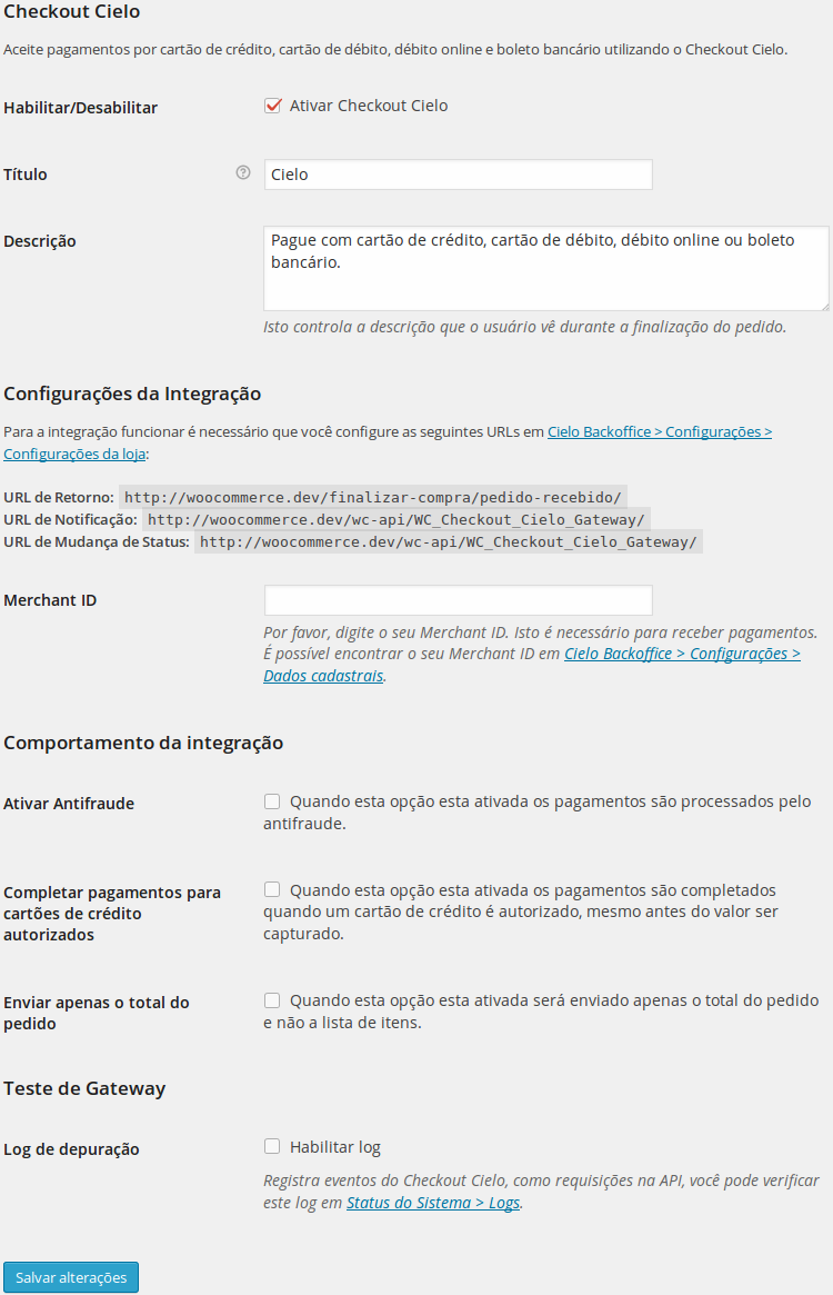 Configurações do plugin.