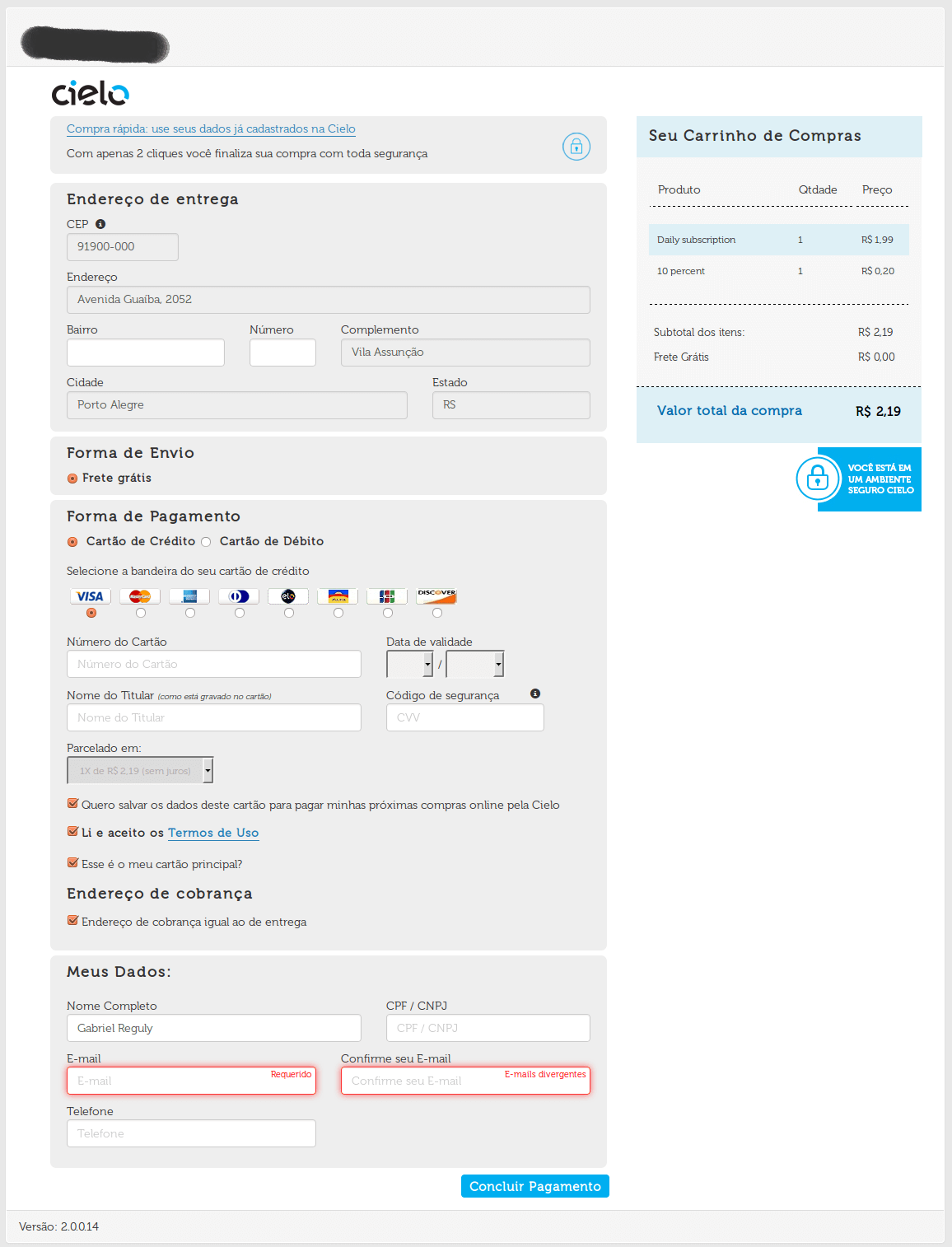Exemplo de tela de pagamento no ambiente da Cielo