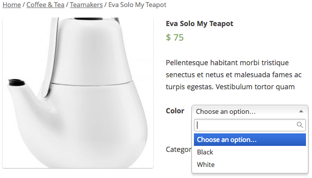 An example product page with Chosen variation dropdowns with search disabled.