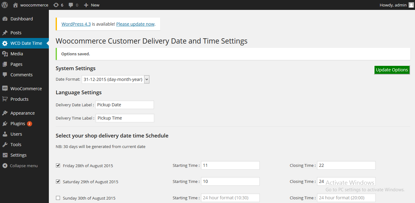 Site admin is able to set his shop delivery schedule by checking the date and set time for open to close .