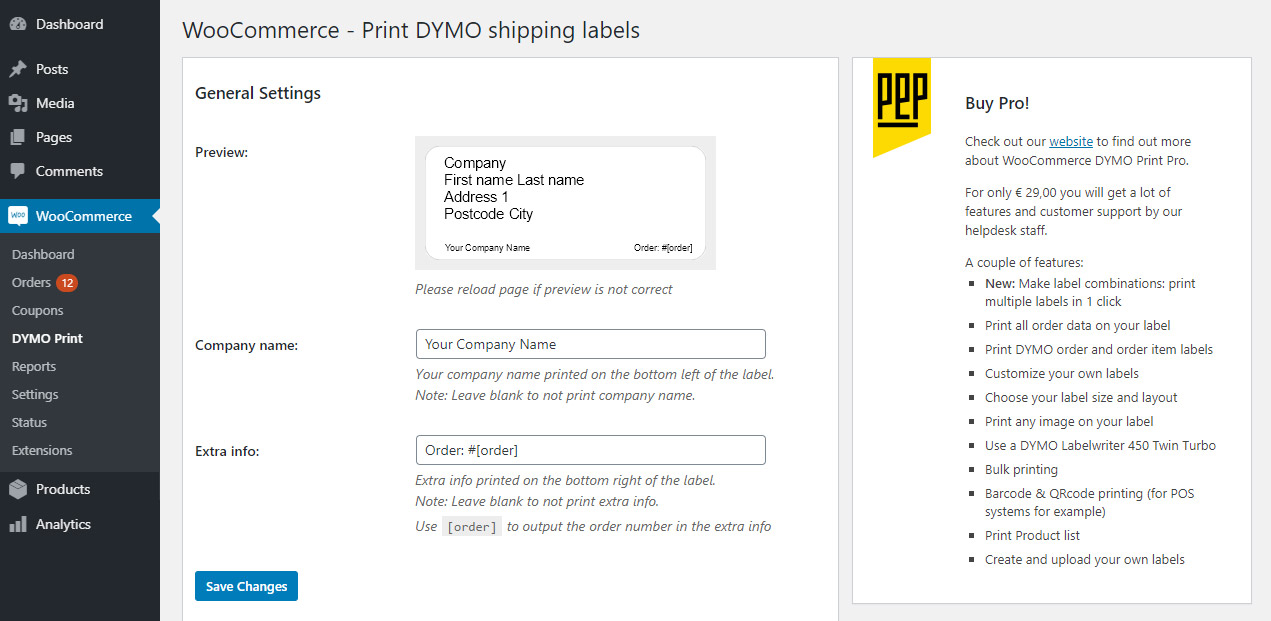 WooCommerce DYMO Print settings