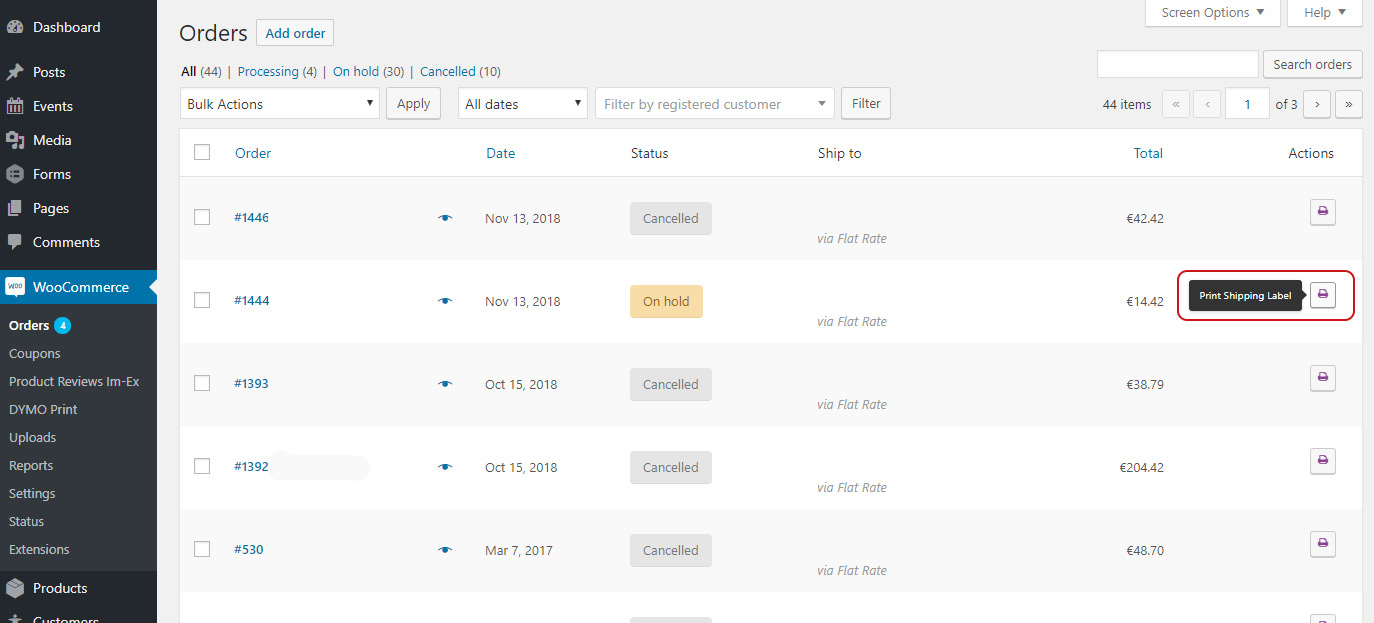 WooCommerce DYMO Print adds a button to the order overview page