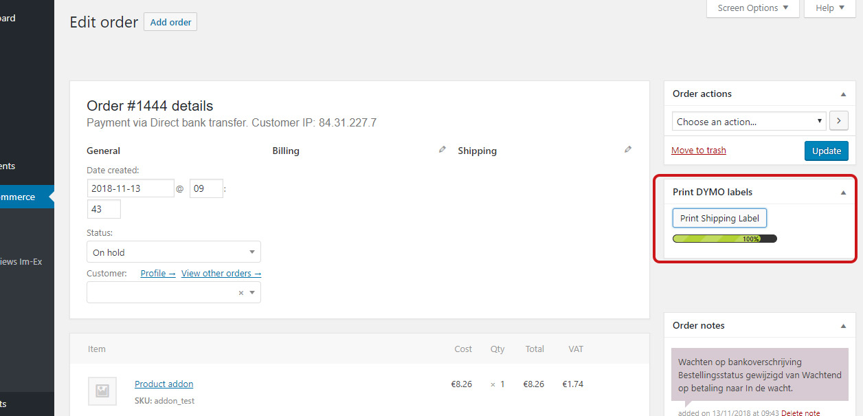 WooCommerce DYMO Print adds a button to the order detail page