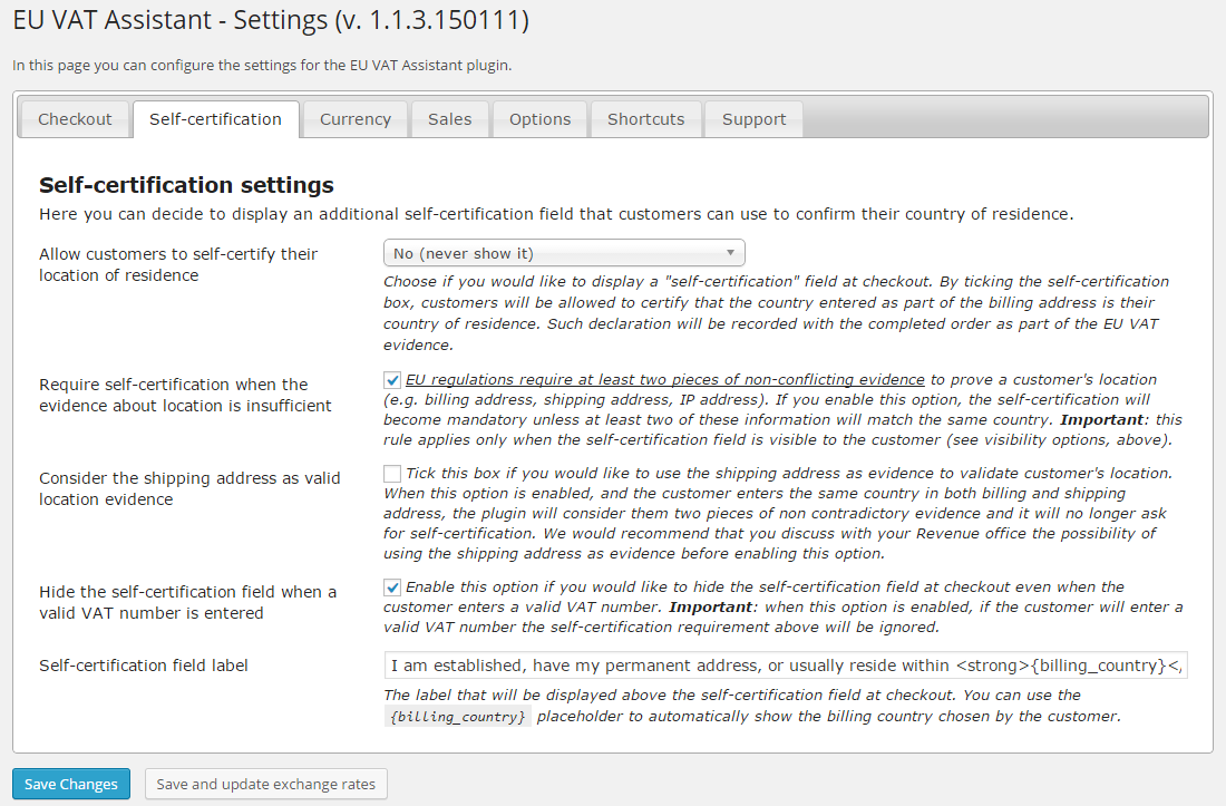 **Settings > Currency**. In this section you can specify which currency you would like to use for VAT reports. It doesn't have to match the WooCommerce base currency. In the lower section, you can choose which provider you would like to use to retrieve the exchange rates that will be used to calculate the amounts in VAT currency.