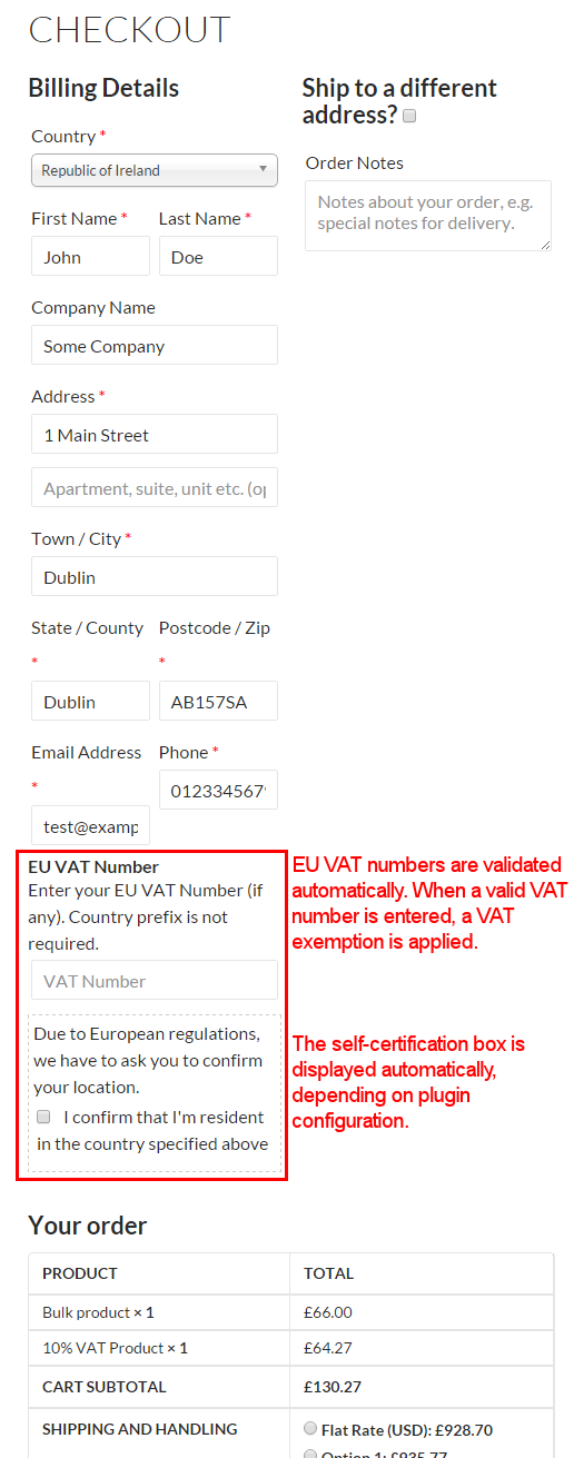**Admin > WooCommerce > Order edit page**. This page shows how the VAT details are displayed when an order is reviewed in the Admin section. The meta box shows the details of the VAT charged for order items and shipping, as well as the amounts refunded. **Note**: refunds are available in WooCommerce 2.2 and later.